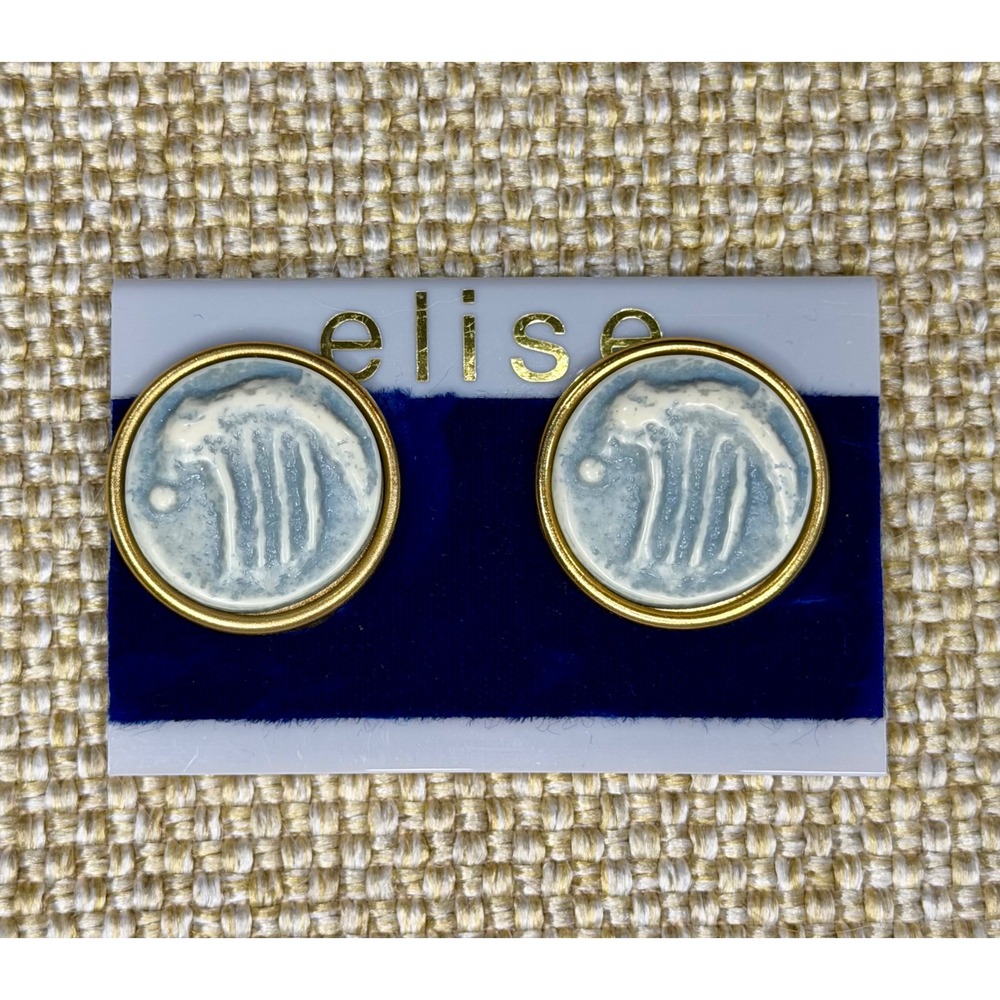 Vintage Elise Gold Tone Blue Ceramic Abstract Round‎ Clip On Earrings NOS